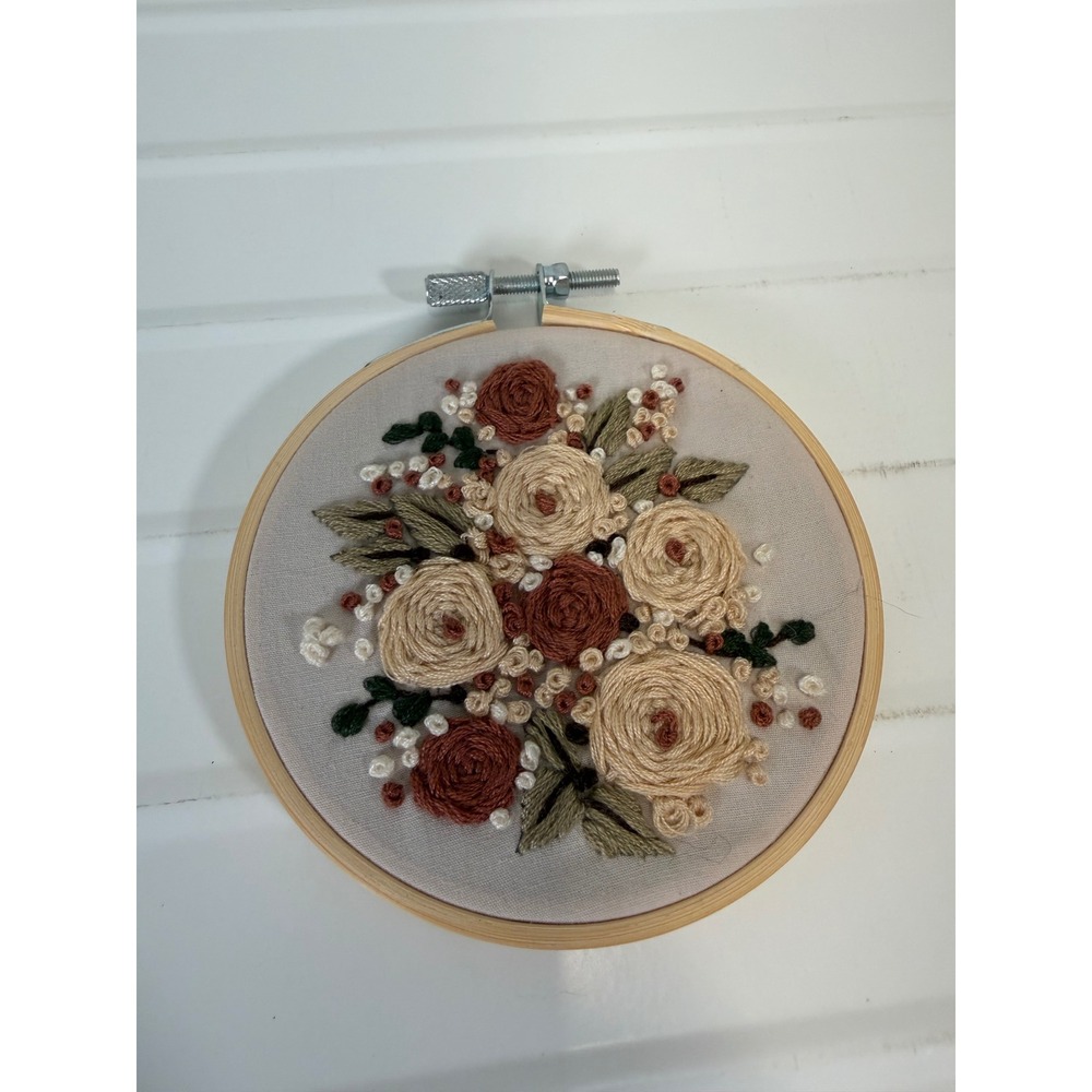Handmade Floral Embroidery Hoop Art 4 Inch Terracotta Cream Rose Wall Decor
